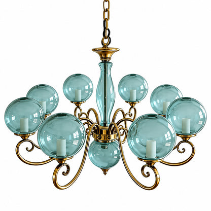 Grand nine-light blue Boule glass chandelier as a bold statement in a stairwell