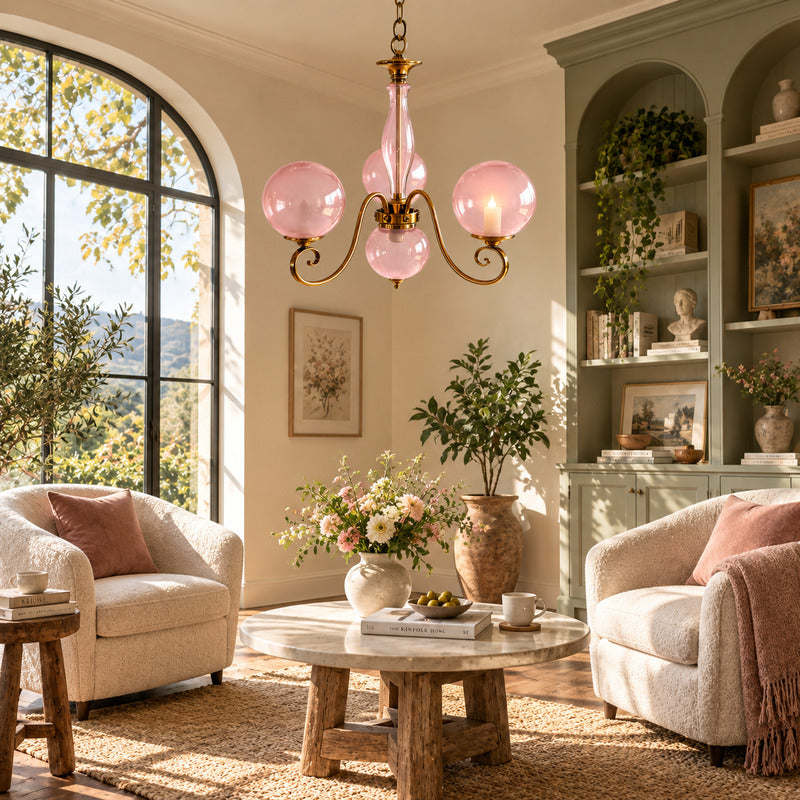 Boule glass chandelier as a warm vintage centerpiece in a French-inspired living room
