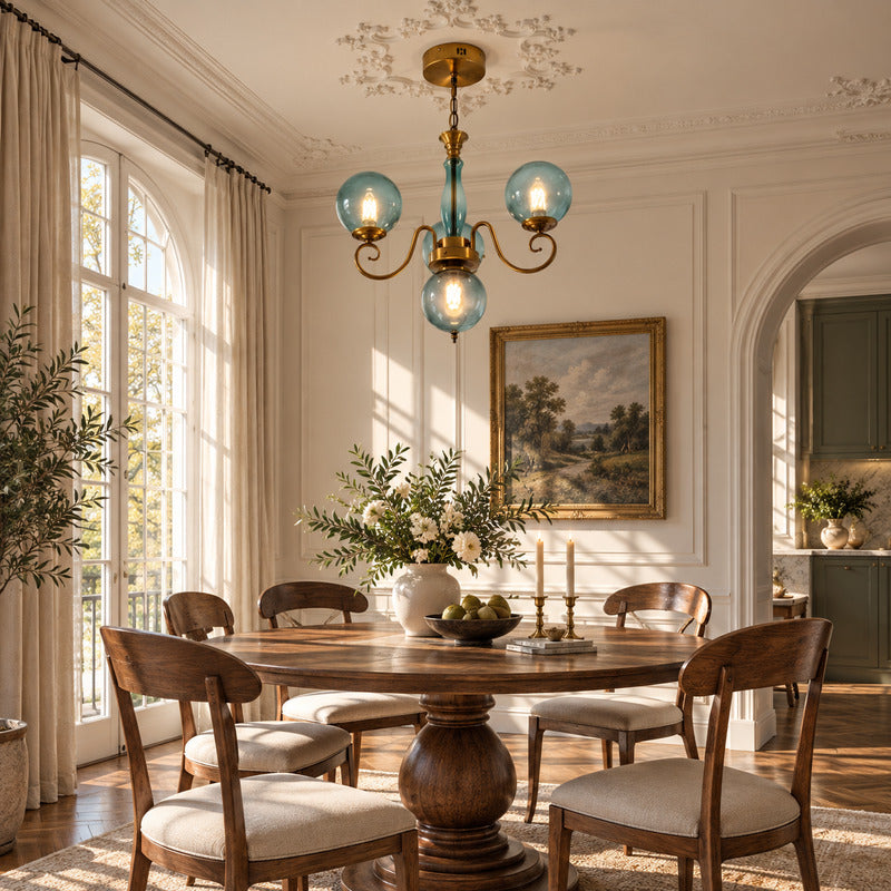 Boule vintage French glass chandelier casting warm light over an elegant dining room table