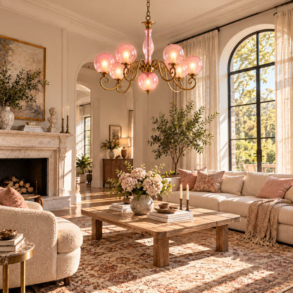 Boule glass chandelier as a warm vintage centerpiece in a French-inspired living room