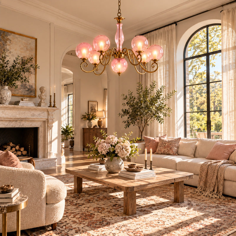 Boule glass chandelier as a warm vintage centerpiece in a French-inspired living room