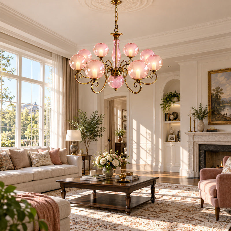 Boule glass chandelier as a warm vintage centerpiece in a French-inspired living room