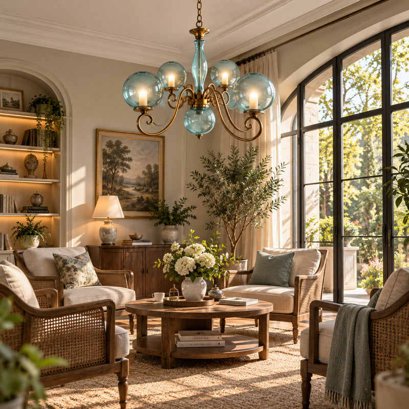 Boule glass chandelier as a warm vintage centerpiece in a French-inspired living room