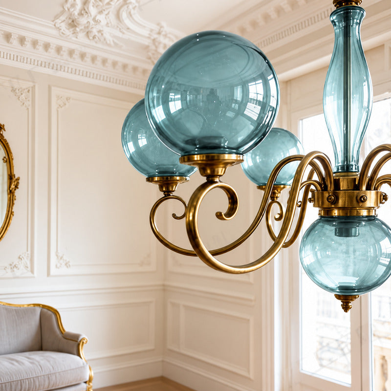 Close-up of the rounded globe-style glass shades on the Boule vintage French chandelier