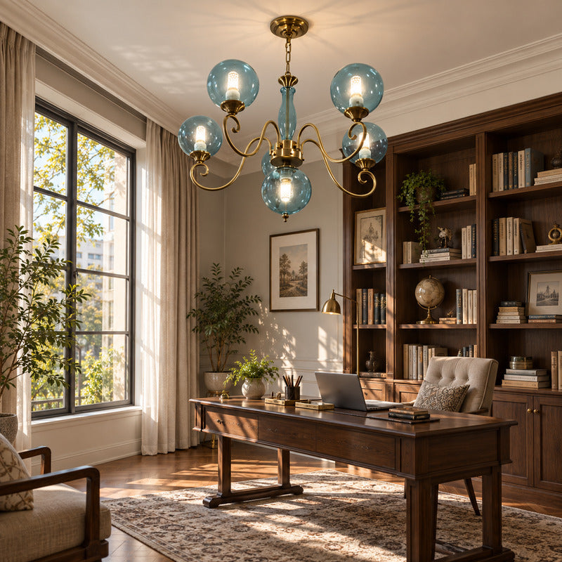 Boule glass chandelier adding French vintage charm to a specialty cafe