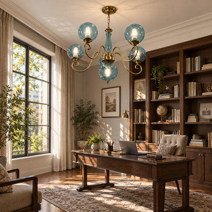 Boule glass chandelier adding French vintage charm to a specialty cafe