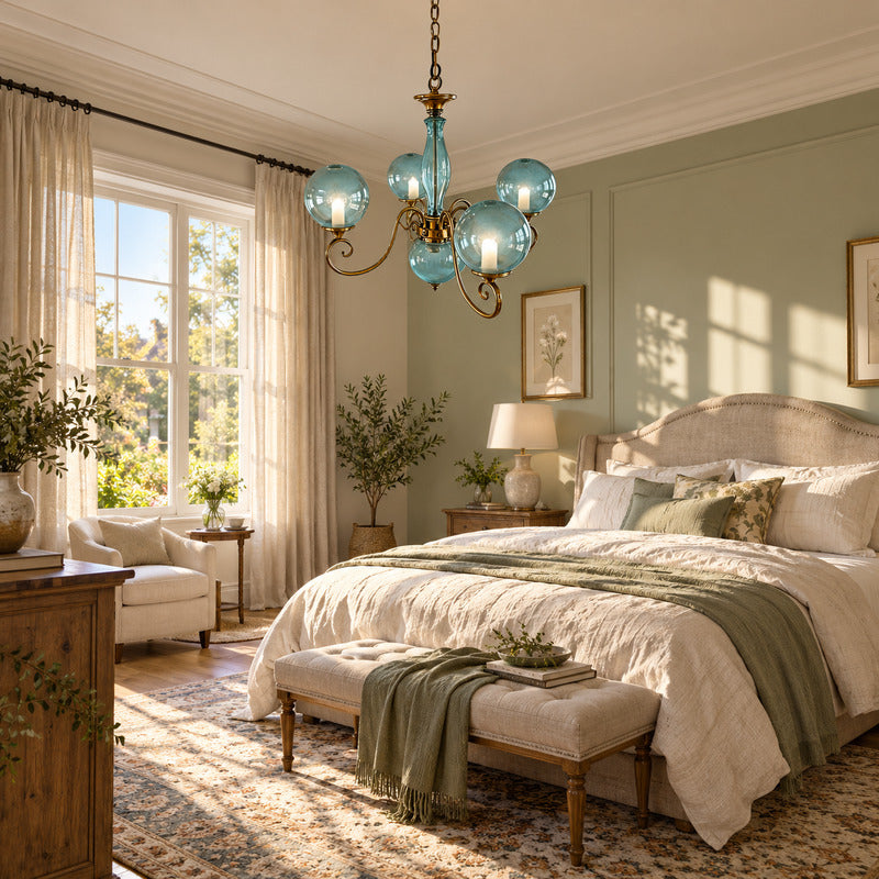 Boule glass chandelier adding a soft romantic glow above a vintage-styled bedroom