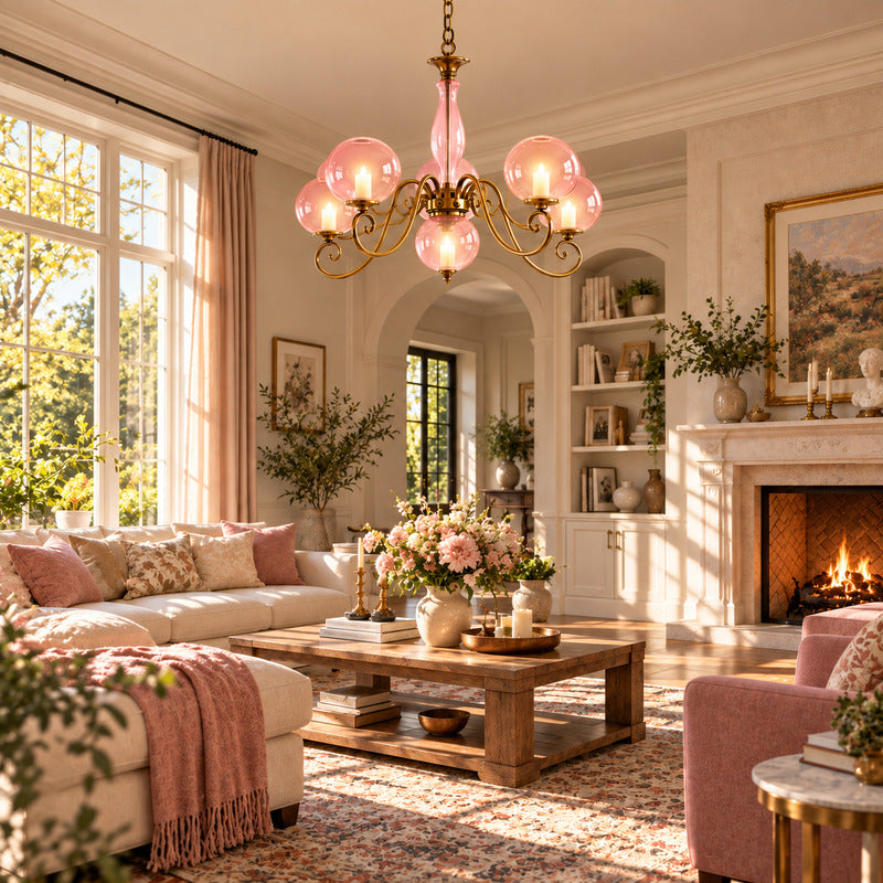 Boule glass chandelier as a warm vintage centerpiece in a French-inspired living room