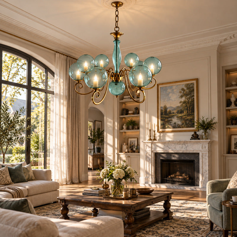 Boule glass chandelier as a warm vintage centerpiece in a French-inspired living room