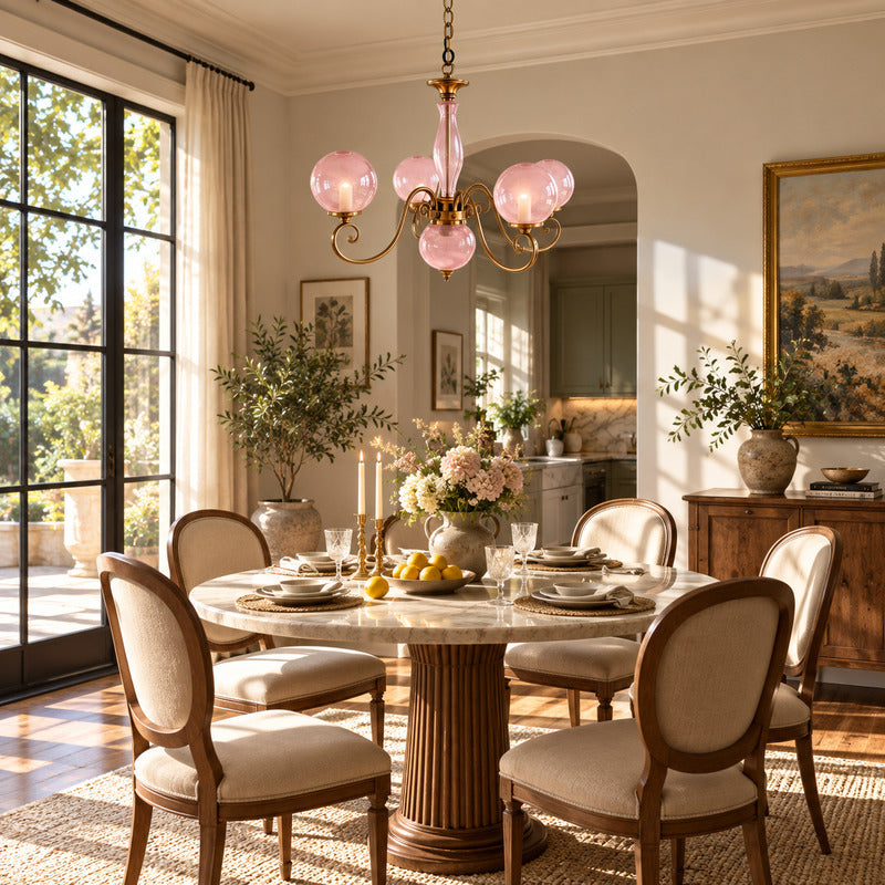 Boule vintage French glass chandelier casting warm light over an elegant dining room table