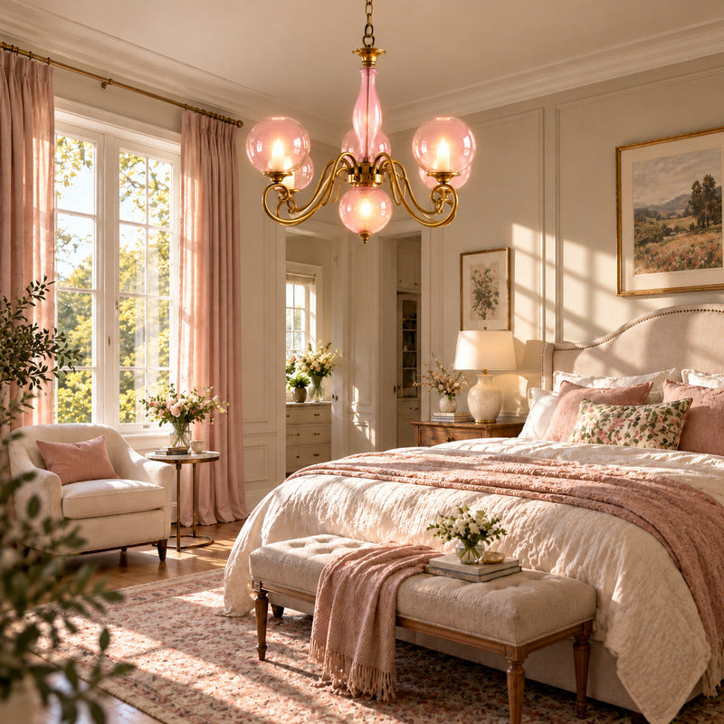 Boule glass chandelier adding a soft romantic glow above a vintage-styled bedroom