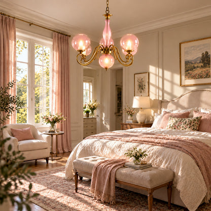 Boule glass chandelier adding a soft romantic glow above a vintage-styled bedroom