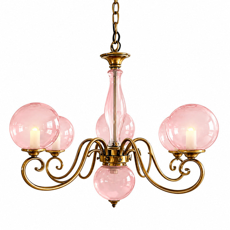 Six-light pink Boule glass chandelier over a larger dining table