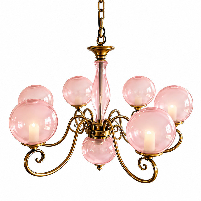 Seven-light pink Boule glass chandelier as a statement over a long dining table