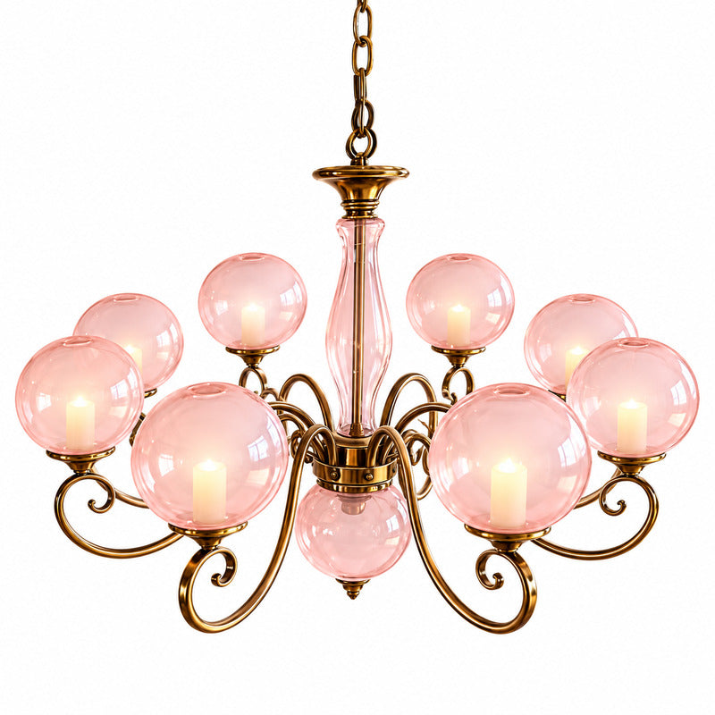 Grand nine-light pink Boule glass chandelier filling a double-height foyer