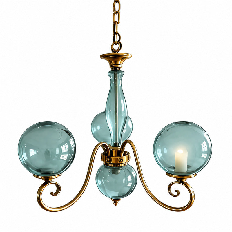 Four-light blue Boule vintage French glass chandelier in a small foyer