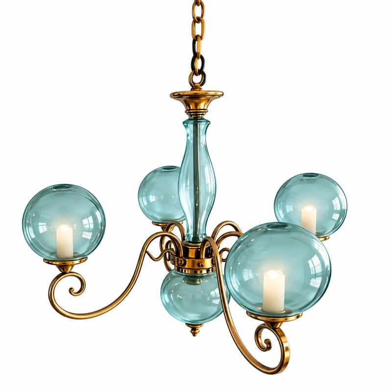 Five-light blue Boule glass chandelier in a vintage-styled living room
