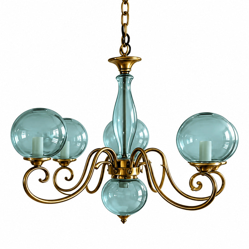 Six-light blue Boule glass chandelier as a colorful accent in a foyer