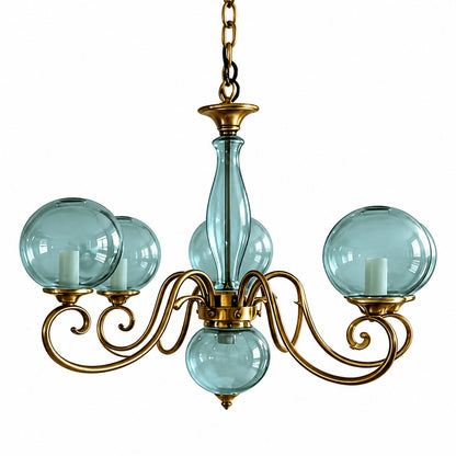 Six-light blue Boule glass chandelier as a colorful accent in a foyer