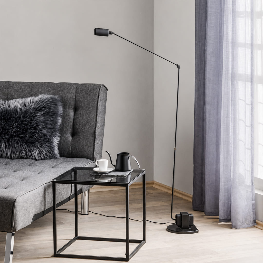 Braccio floor lamp mustard yellow modern study library reading room armchair beside Italian swing arm 35.8 inch retro industrial reading warm ambient cheerful focused lifestyle interior American home