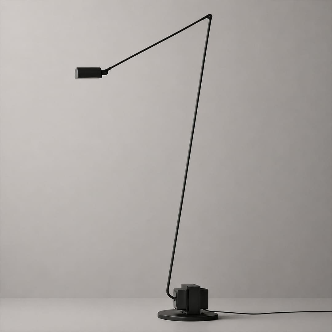 Braccio floor lamp full architectural silhouette 35.8 inch cylindrical base vertical stand swing arm rotating diffuser Italian retro industrial reference