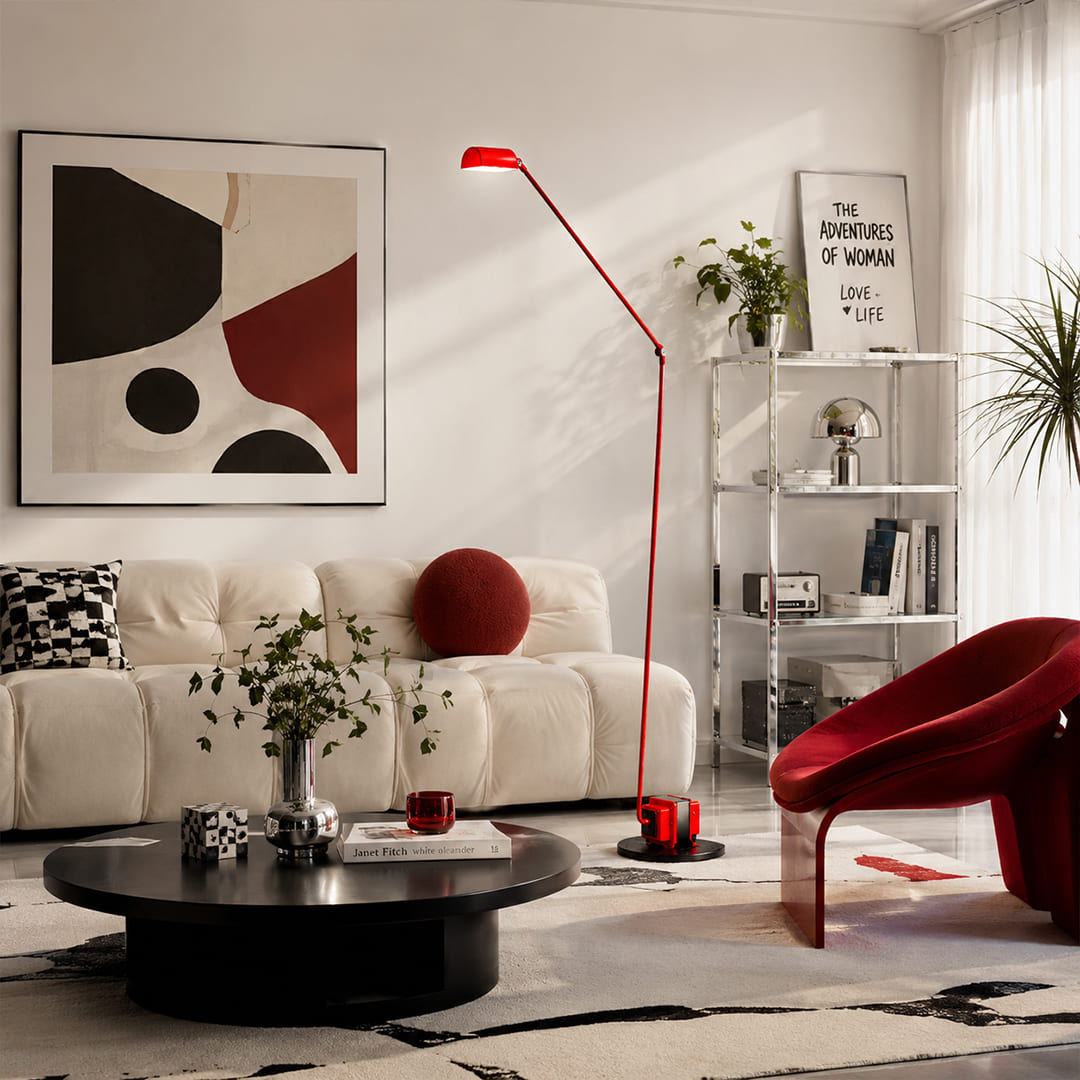 Braccio floor lamp vibrant red modern living room bold statement accent Italian swing arm 35.8 inch retro industrial reading warm ambient dramatic sophisticated lifestyle interior American home