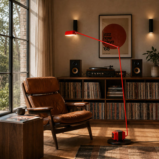 Braccio floor lamp vibrant red modern living room bold statement accent Italian swing arm 35.8 inch retro industrial reading warm ambient dramatic sophisticated lifestyle interior American home