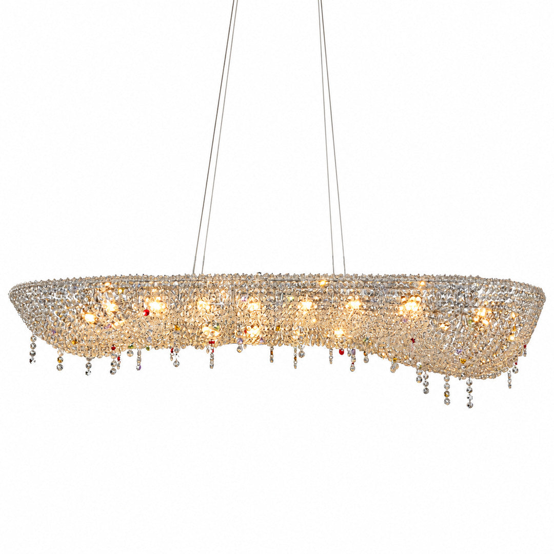 Brina flush mount crystal chandelier with clear crystal beads on a chrome frame sparkling over a dining table