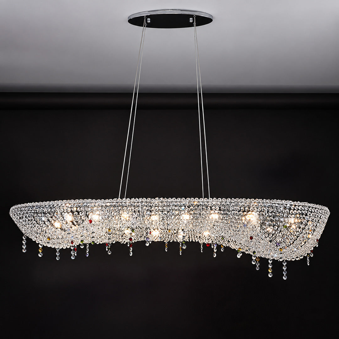 Warm light sparkling through hundreds of crystal beads on the Brina chandelier