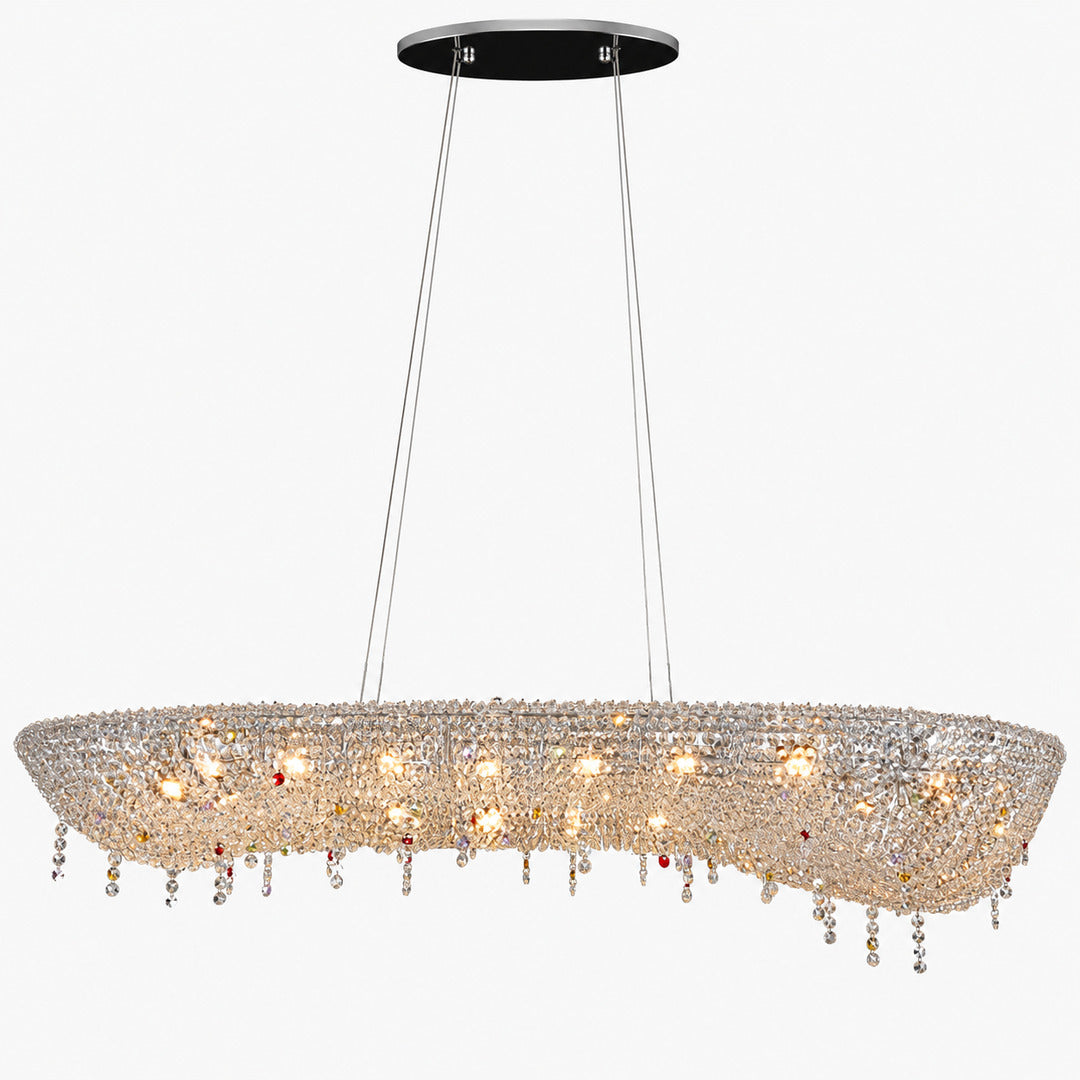 Side view of the low-profile Brina crystal chandelier mounted flush to the ceiling