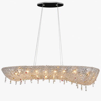 Side view of the low-profile Brina crystal chandelier mounted flush to the ceiling