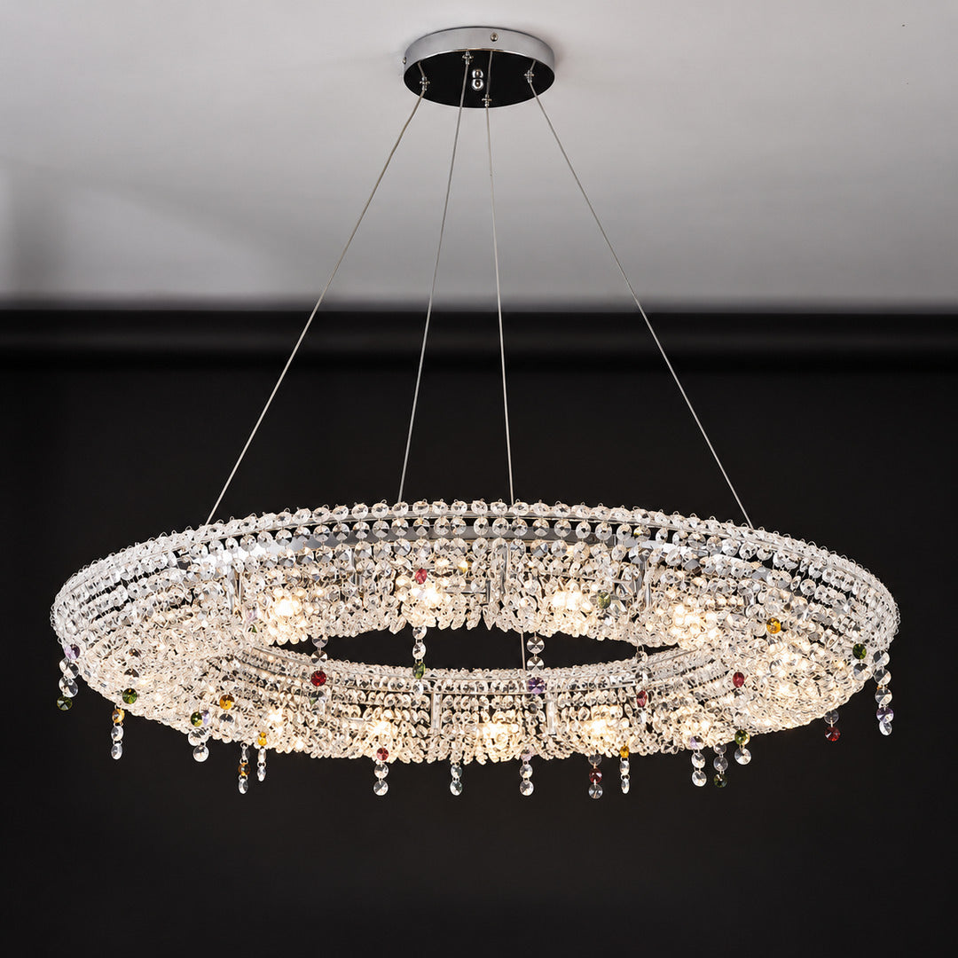 Side view of the low-profile Brina crystal chandelier mounted flush to the ceiling