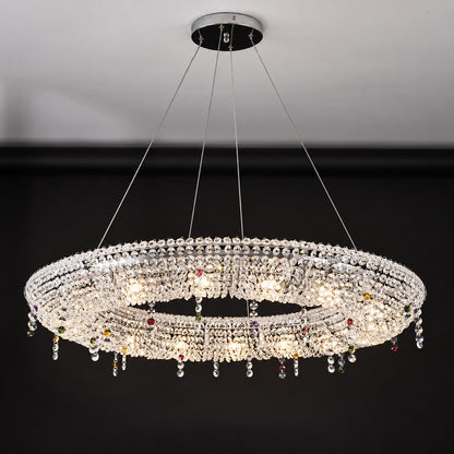 Side view of the low-profile Brina crystal chandelier mounted flush to the ceiling