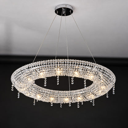 Detail of the polished chrome frame of the Brina flush mount crystal chandelier