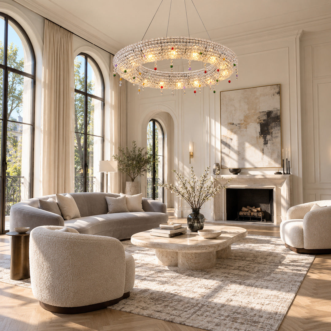 Brina flush mount crystal chandelier in a living room with an 8-foot ceiling