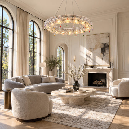 Brina flush mount crystal chandelier in a living room with an 8-foot ceiling