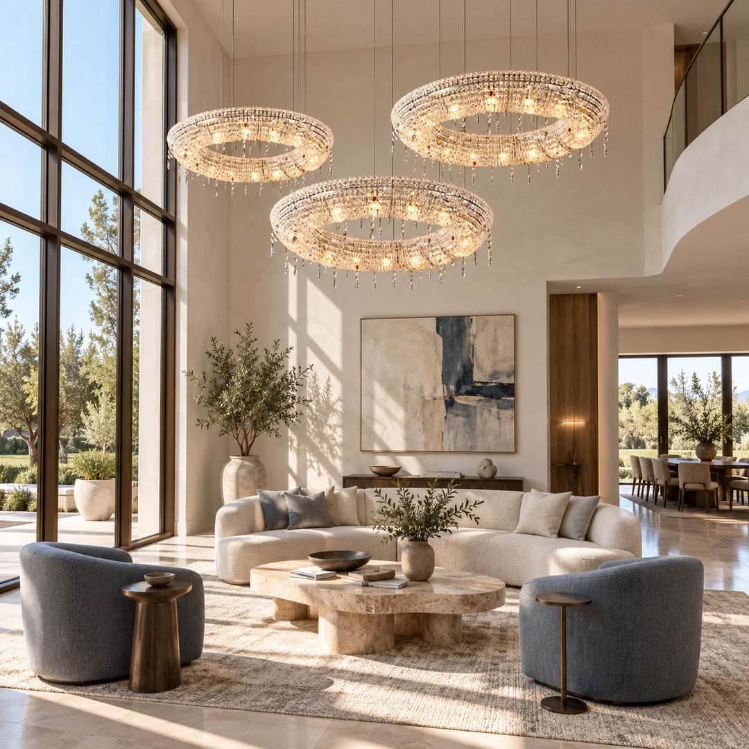 Brina flush mount crystal chandelier in a living room with an 8-foot ceiling