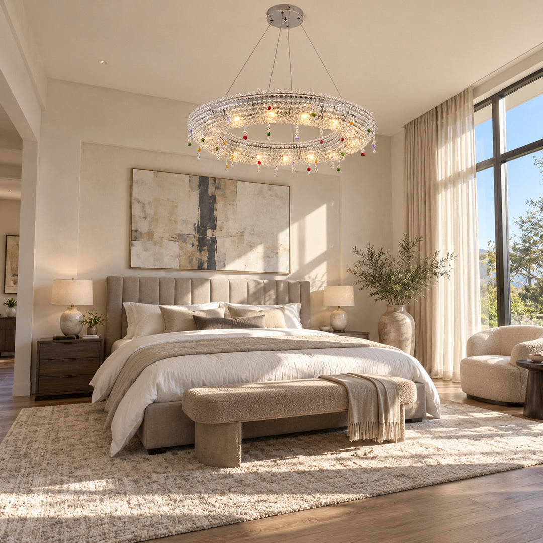 Brina crystal chandelier adding a glamorous glow to a primary bedroom