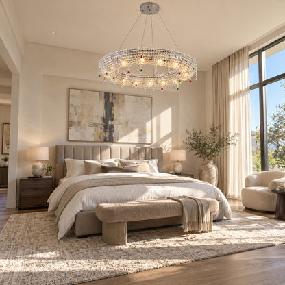 Brina crystal chandelier adding a glamorous glow to a primary bedroom