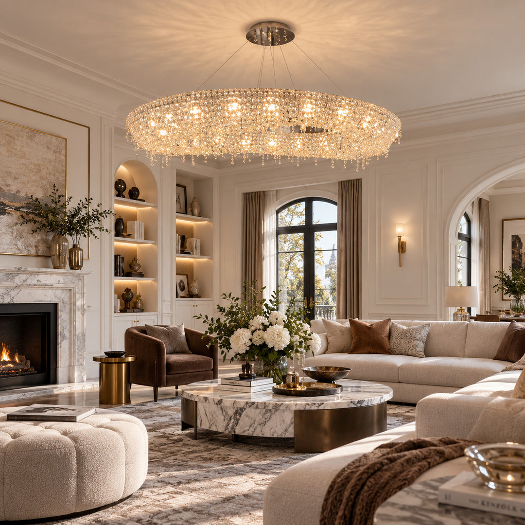 Brina flush mount crystal chandelier in a living room with an 8-foot ceiling