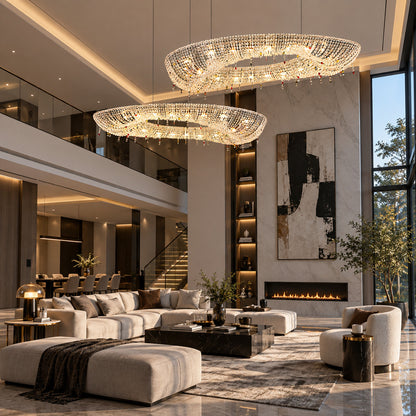 Brina flush mount crystal chandelier in a living room with an 8-foot ceiling