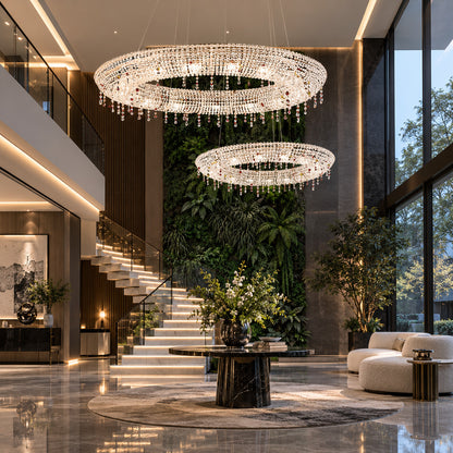 Brina flush mount crystal chandelier above a staircase landing