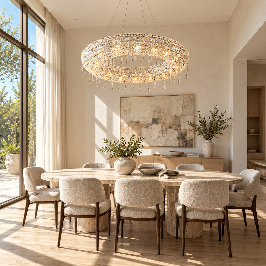 Brina crystal chandelier adding sparkle above a formal dining room