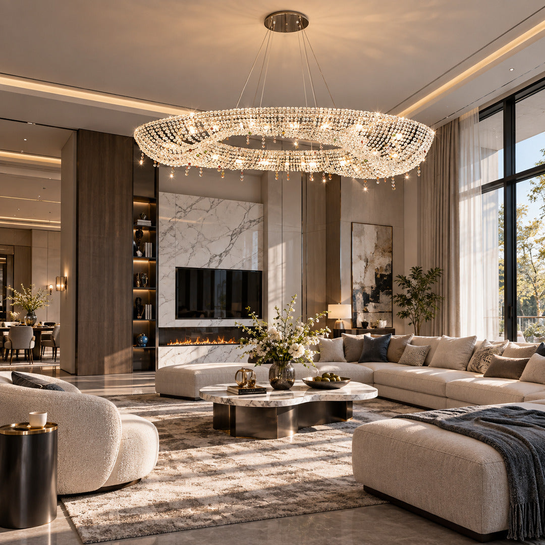 Brina flush mount crystal chandelier in a living room with an 8-foot ceiling