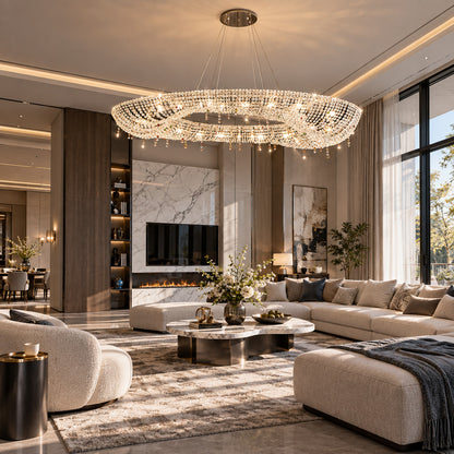 Brina flush mount crystal chandelier in a living room with an 8-foot ceiling