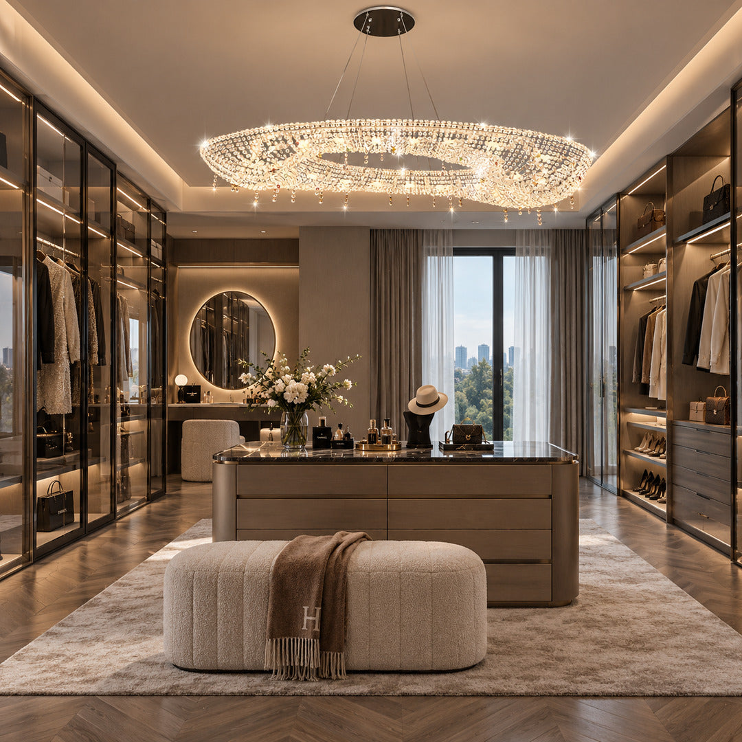 Small Brina crystal chandelier sparkling in a walk-in closet