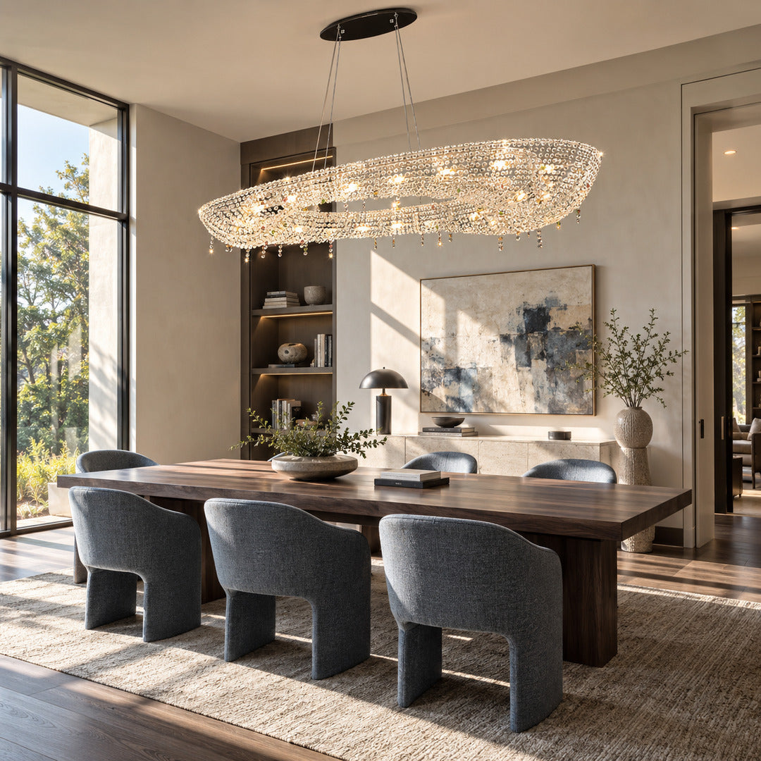 Brina crystal chandelier adding sparkle above a formal dining room