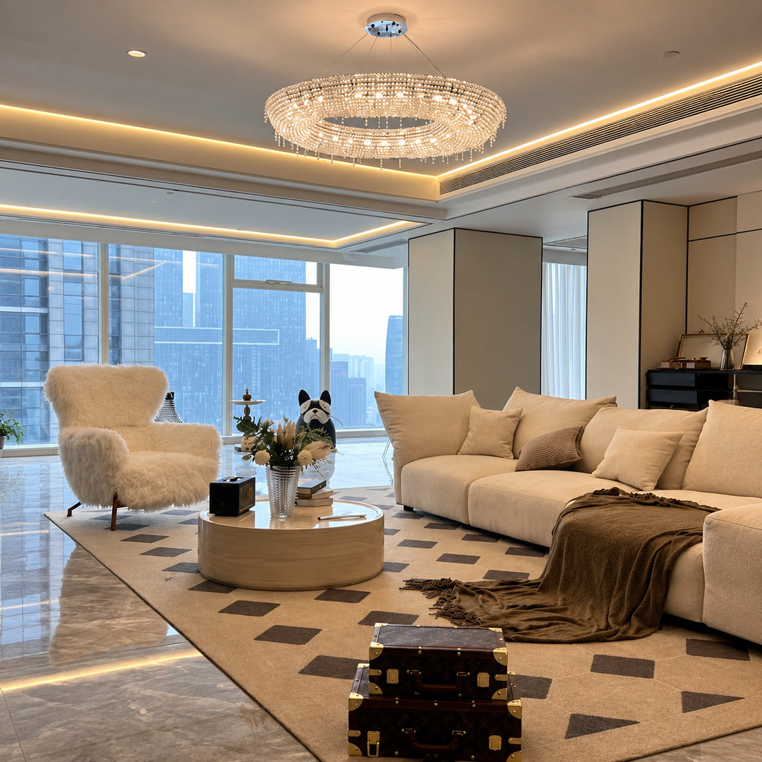Brina flush mount crystal chandelier in a living room with an 8-foot ceiling