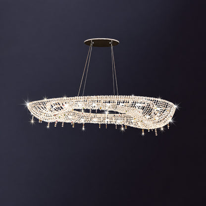Round 31.5-inch Brina flush mount crystal chandelier over a round dining table