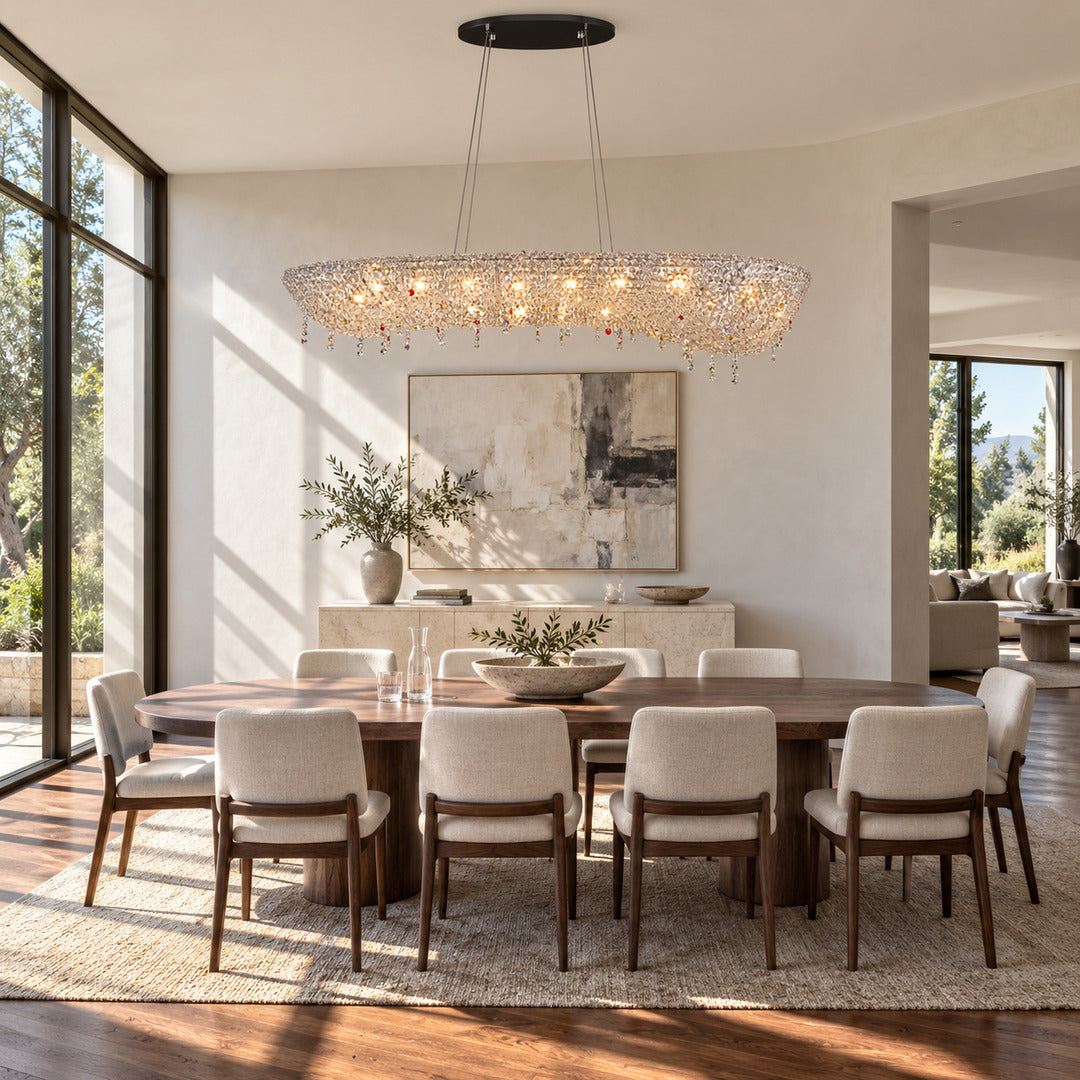 Brina crystal chandelier adding sparkle above a formal dining room